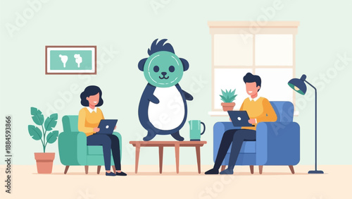 Two people working on laptops in a cozy room with a panda mascot
