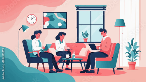 Three people in a cozy room, discussing, one on a laptop