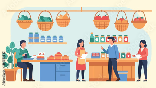 People in a market scene with shelves of goods and hanging baskets