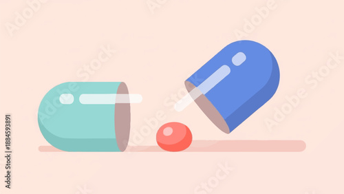 Open capsule with pill on light pink background