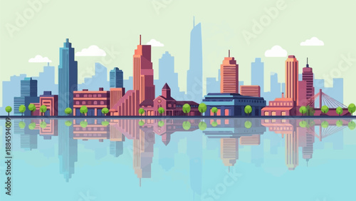 Modern city skyline with reflections on calm water under a pale sky