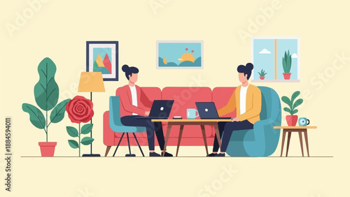 Two people working on laptops in a cozy living room with plants (1)