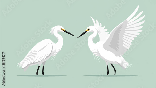 Two graceful white egrets stand facing each other on a pale green background