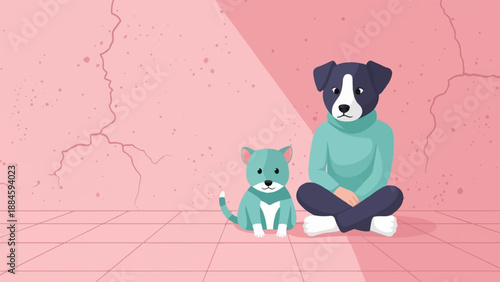 Two anthropomorphic dogs sit on a tiled floor against a textured pink wall