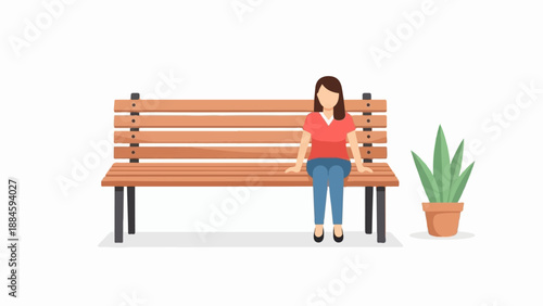 Woman sitting on a wooden bench next to a potted plant