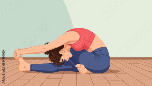 Woman in red top and blue leggings bends forward in yoga pose