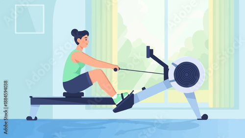 Woman exercising on a rowing machine by a sunlit window