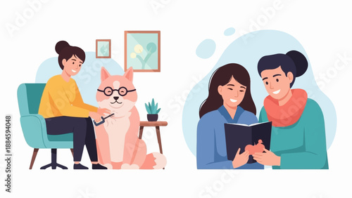 Two scenes person grooming dog, two people reading book together