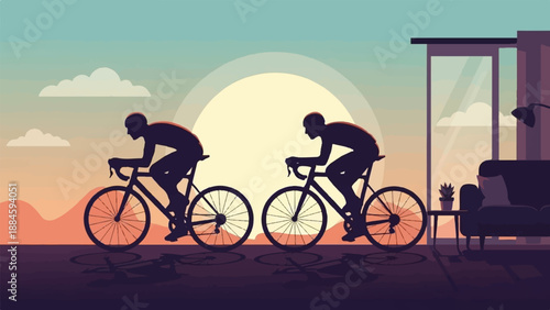 Two cyclists ride past a modern window with a sofa and a plant