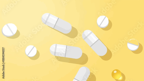 Scattered white pills and capsules on a yellow background with a golden drop