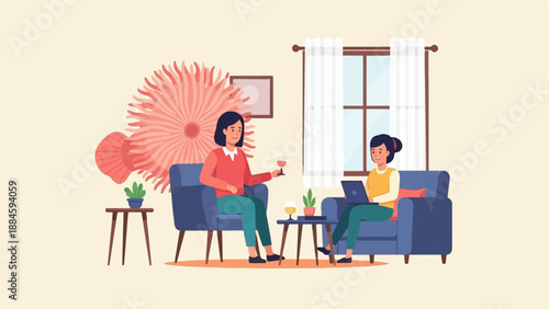 Two women relax indoors with drinks and a laptop, near a window