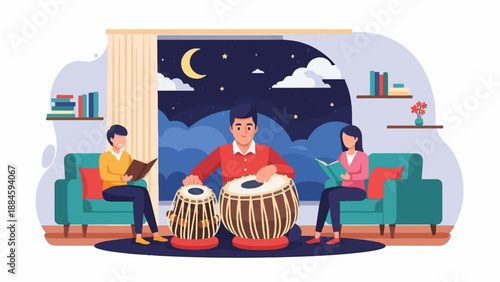 People enjoying leisure time indoors playing music and reading books