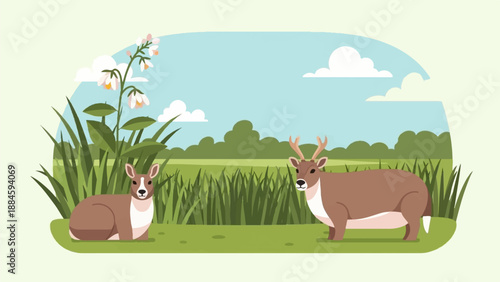Two deer in a grassy meadow with flowers under a blue sky