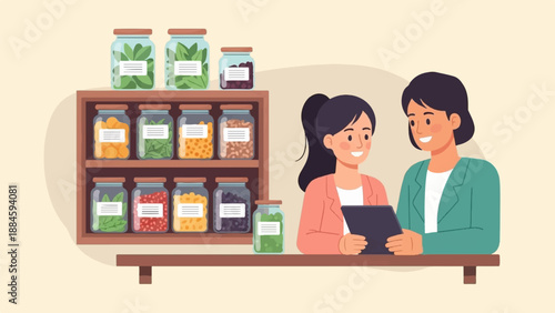Two smiling women review inventory on a tablet in a pantry