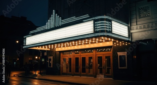 Retro movie theater marquee at night with neon lights. Vintage cinema or playhouse exterior. Entertainment venue with blank sign for copy space