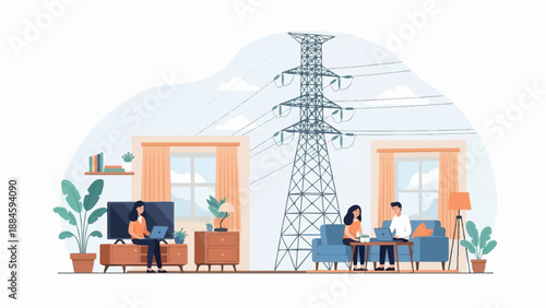 People working on laptops inside a home with a large power line tower outside