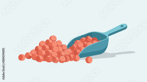 Scoop of small round coral-colored items against a light blue background