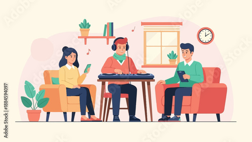 People relaxing and listening to music in a cozy living room