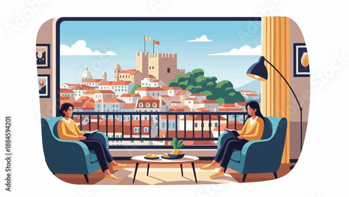 Two women relax in armchairs reading books with a scenic city view