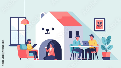 People working and relaxing in a cartoonish house shaped like a friendly animal