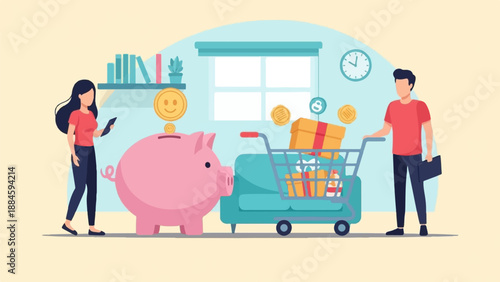 People interacting with piggy bank and shopping cart filled with gifts