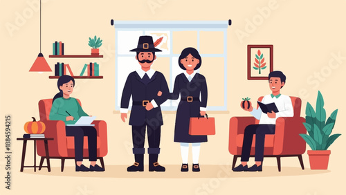 Vintage Thanksgiving scene with pilgrim couple and two people relaxing indoors