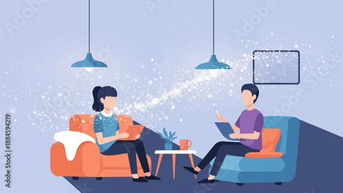 Two people sit on couches, using tablets in a room with sparkly lights