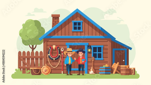 Two farmers chat outside a rustic wooden barn with a fence and tree