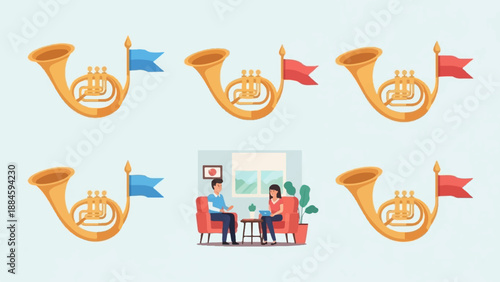 Two people talk in an office with horns and flags in background