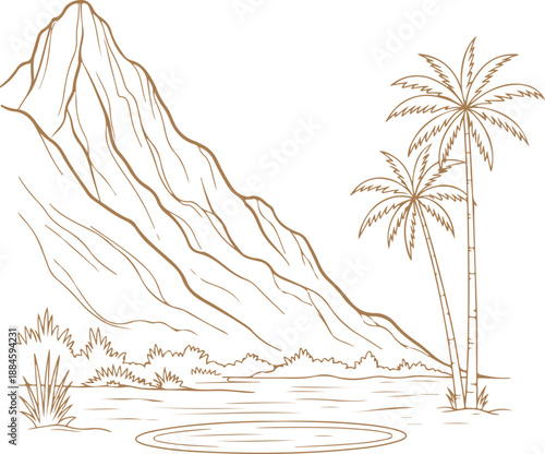 Desert mountain with palm tree Vector, illustration