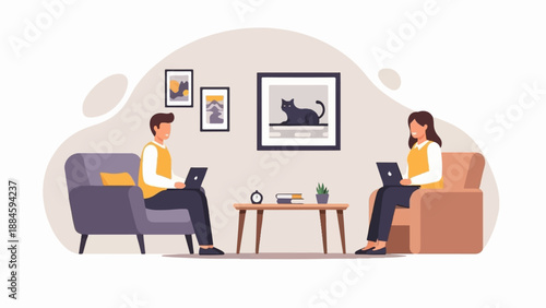 Two people work remotely on laptops in a living room