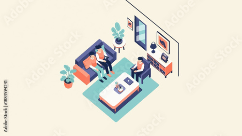 Three people in a living room, two on a couch and one in a chair