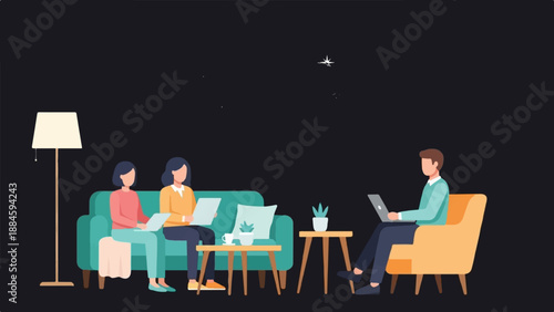 People working remotely on laptops in a modern living room setting