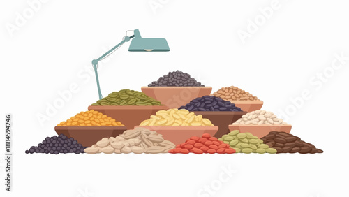 Various grains, seeds, and legumes are displayed in bowls under a light
