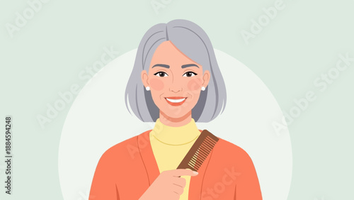 Smiling elderly woman with gray hair holding a comb