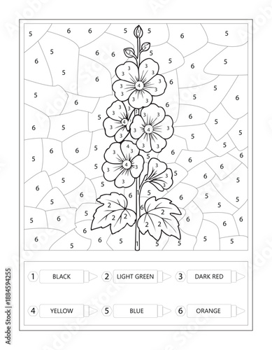 Hollyhock Flower Color by Number Educational Worksheet for Kids
