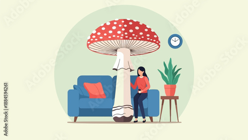 Woman sits with a giant mushroom in a living room