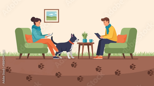 People relax with a dog indoors, paw prints in foreground
