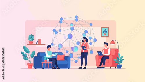 Three people in a modern living room collaborate on a project