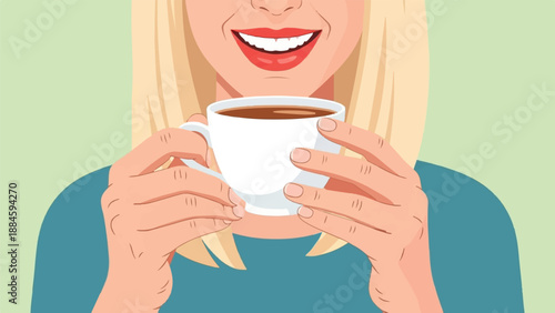 Smiling woman enjoys a warm cup of coffee on a light green background