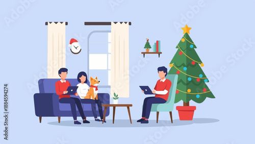 People and dog relax indoors near Christmas tree