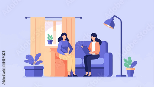 Two women in session one seated on an armchair, the other on a sofa