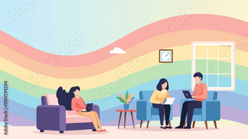 People working on laptops in a colorful room with rainbow background