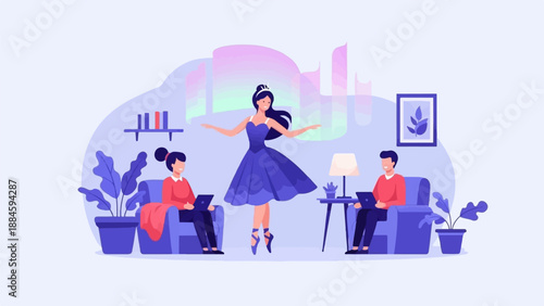 People work on laptops while a ballerina dances before a surreal aurora sky