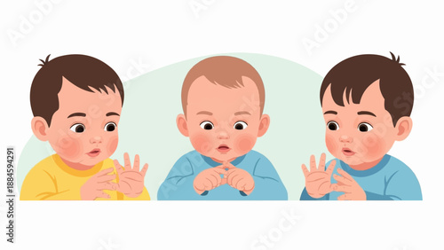 Three curious babies looking forward with hands raised