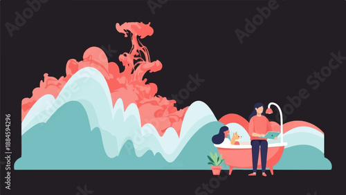 Woman in bathtub with dog, laptop, lamp, and abstract ink cloud