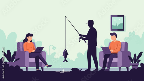 Three people in comfortable chairs, two working on laptops, one fishing