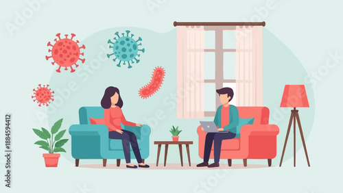 People in living room surrounded by virus particles