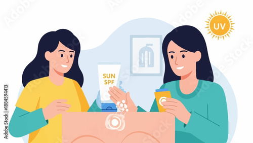 Two women applying sun protection cream for UV rays protection