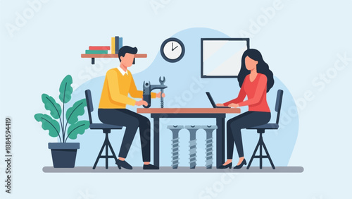 Two individuals collaborate on a project at a desk with tools